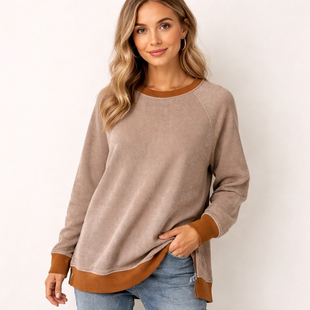 Doe & Rae Ribbed‎ Pullover Women Small Side Zip Sweatshirt Brown Cream Striped